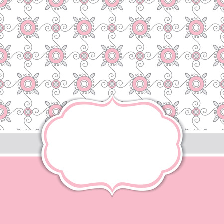 Vector card template with a frame on floral ornamental background with space for your text. Geometric background with floral ornament in rose pink and grey color. Vector illustration.のイラスト素材