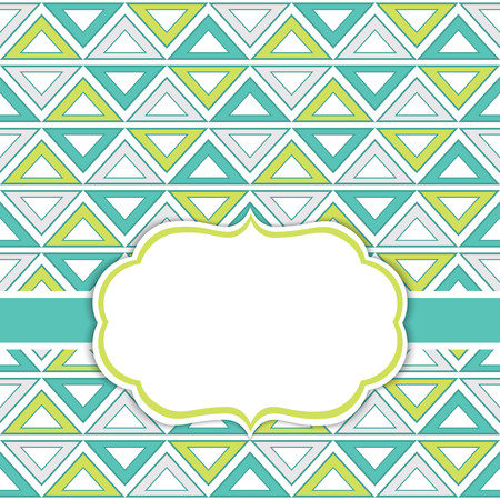 Vector card template with a frame on tribal style background with space for your text. Geometric background with triangles ornament in  turquoise and lime green color. Vector illustration.のイラスト素材