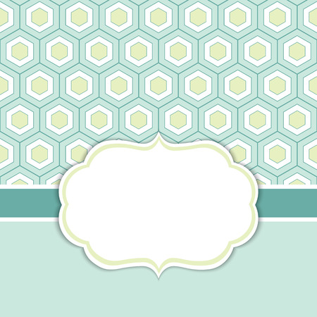 Vector card template with a frame on honeycomb background with space for your text. Geometric background with honeycomb ornament in turquoise, lime green and teal color. Vector illustration.のイラスト素材