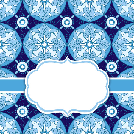 Vector card template with a frame on ornamental background with space for your text. Geometric background with floral ornament in navy and blue color. Vector illustration.のイラスト素材