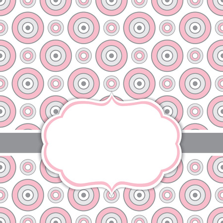 Vector card template with a frame on circles background with space for your text. Geometric background with circles ornament in rose pink and grey color. Vector illustration.のイラスト素材
