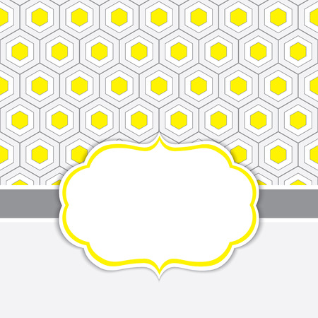 Vector card template with a frame on honeycomb background with space for your text. Geometric background with honeycomb ornament in yellow and grey color. Vector illustration.のイラスト素材
