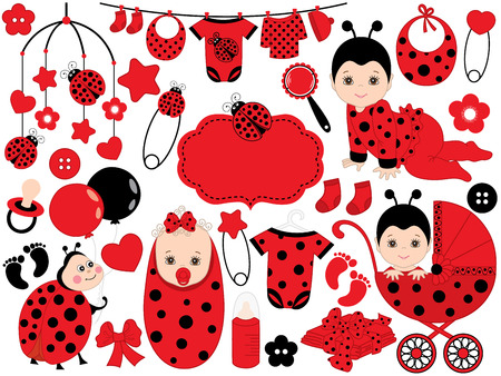 Vector cute baby girl set with ladybug pattern, includes a baby girl, stroller, crib toys, ladybug and baby clothes. Vector baby girl. Baby shower vector illustration.のイラスト素材