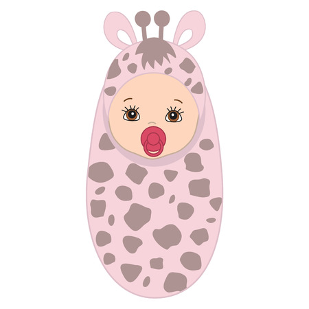 Vector cute baby wrapped in blanket with giraffe pattern. Baby girl in giraffe outfit. Vector baby boy. Vector baby girl. Vector baby girl. Newborn vector illustration.のイラスト素材
