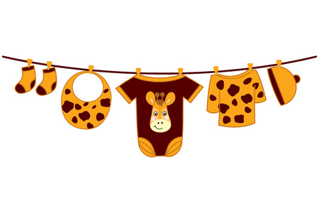 Vector baby clothes with giraffe image hanging on the line. Vector baby clothes. Baby shower vector illustration.のイラスト素材