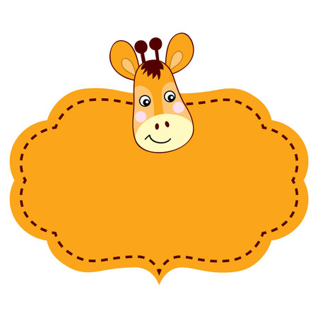 Vector orange frame  with a cute baby giraffe image and stitching. Vector illustration.のイラスト素材