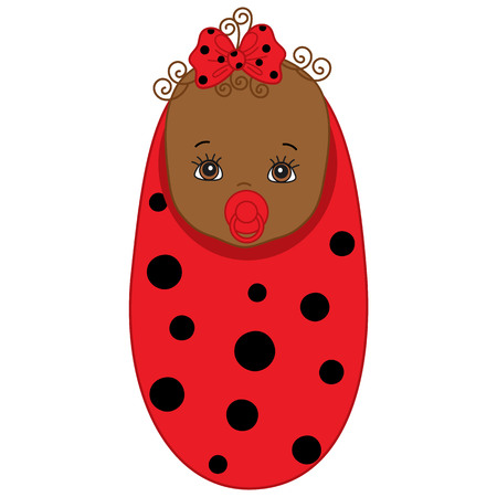 Vector cute African American baby girl wrapped in blanket with ladybug pattern. Baby girl in red and black ladybug outfit. Vector baby girl. Newborn vector illustration.のイラスト素材