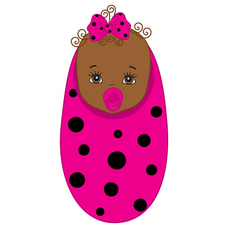 Vector cute African American baby girl wrapped in blanket with ladybug pattern. Baby girl in pink and black ladybug outfit. Vector baby girl. Newborn vector illustration.のイラスト素材