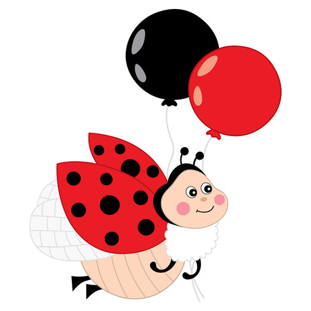 Vector cute ladybug flying with balloons on white background. Vector ladybug.  Vector illustration.のイラスト素材