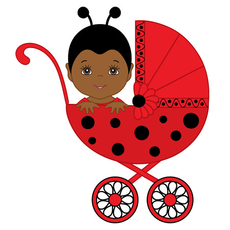 Vector African American cute baby girl wearing ladybug costume. Vector baby girl. Newborn vector illustration.のイラスト素材