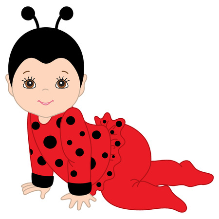 Vector cute baby girl wearing ladybug costume. Baby girl in ladybug outfit crawling. Vector baby girl. Newborn vector illustration.のイラスト素材