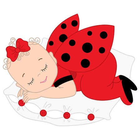 Vector cute baby girl in ladybug costume sleeping. Vector baby girl.   Newborn vector illustration.のイラスト素材