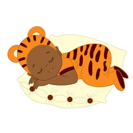 Vector African American cute baby in tiger costume sleeping. Baby in tiger outfit sleeping on pillow. Vector baby boy. Vector baby girl. Newborn vector illustration.のイラスト素材