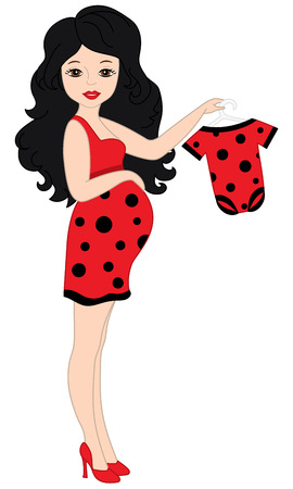 Vector pregnant woman in red dress holding a bodysuit. Pregnancy clipart.  Pregnant woman vector illustration.のイラスト素材