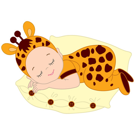 Vector cute baby in giraffe costume sleeping. Baby in giraffe outfit sleeping on pillow. Vector baby boy. Vector baby girl. Newborn vector illustration.のイラスト素材