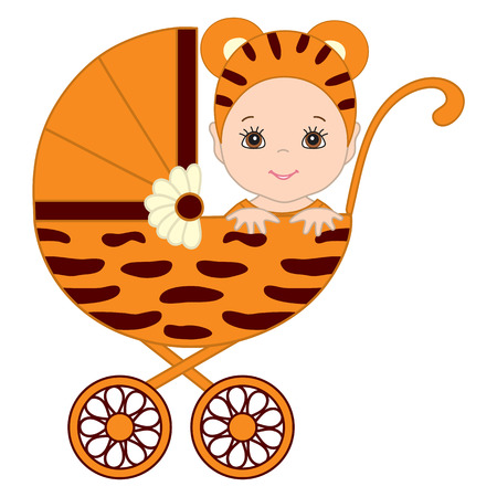 Vector cute baby wearing tiger costume. Baby in tiger outfit sitting in the stroller. Vector baby boy. Vector baby girl. Newborn vector illustration.のイラスト素材