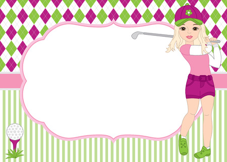 Vector card template with girl playing golf. Argyle and striped background. Card template for ladies golf tournaments, events, birthdays and parties with space for your text. Vector illustration.のイラスト素材