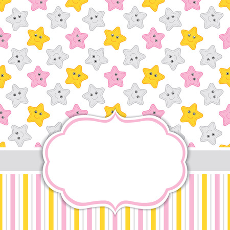 Vector card template for baby girl shower, birthdays and parties with space for your text. Card template with  stars and stripes on background. Baby girl vector illustration.のイラスト素材