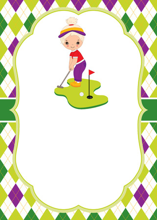 Vector card template with cute little girl playing golf. Argyle background. illustration.のイラスト素材