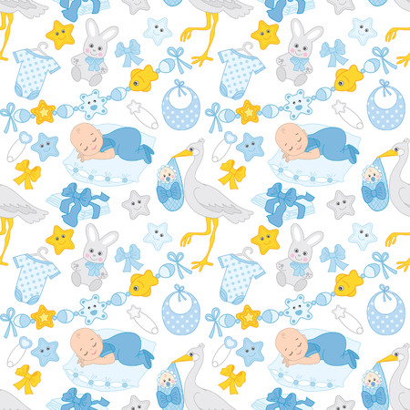Vector seamless pattern with baby boy,  stork, clothes and toys on white background.のイラスト素材