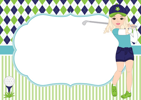 Vector card template with girl playing golf. Argyle and striped background.のイラスト素材