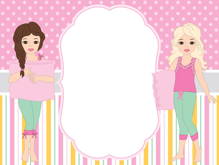 Vector card template with girls in pyjamas on polka dot and striped background. Card template for girls birthdays and parties with space for your text. Vector girls in pajamas. Vector illustration.のイラスト素材