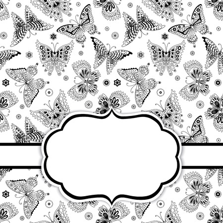 Vector card template for birthday, party, bridal shower, Mother's  Day with space for your text. Card template with black and white butterflies on background. Butterflies Vector illustration.のイラスト素材
