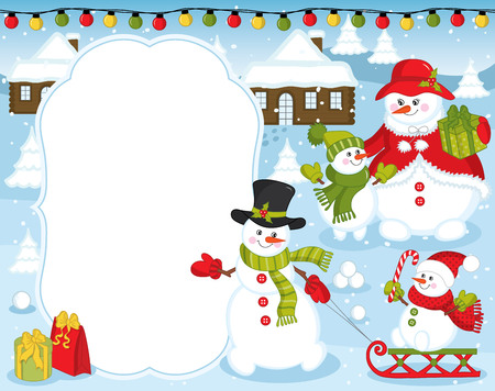 Vector Christmas and New Year card template with cute snowmen on snow background. Christmas and New Year card template with space for your text. Vector snowman. Vector illustration.のイラスト素材