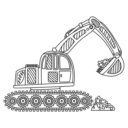 Vector excavator. Vector construction equipment. Construction transport. Black and white excavator vector illustration.のイラスト素材