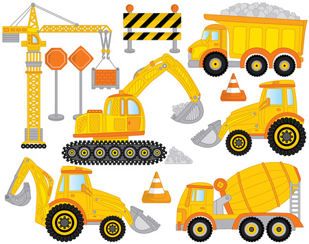 Vector construction transport set includes crane, concrete mixer, excavator, bulldozer, digger and tractor. Construction machines. Vector construction transport.のイラスト素材