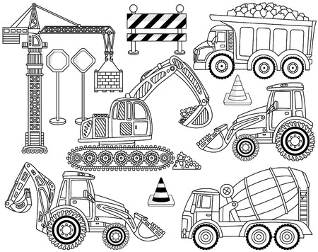 Vector construction transport set includes crane, concrete mixer, excavator, bulldozer, digger and tractor. Black and white construction machines. Vector construction transport.のイラスト素材