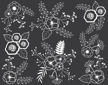 Vector floral bouquets on chalkboard. Black and white flowers on blackboard background. Chalk flowers and bouquets. Vector illustration.のイラスト素材