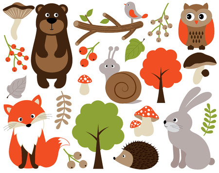 A vector cute forest or woodland animals set includes fox, bear, owl, snail, rabbit, hedgehog, bird with mushrooms, berries, leaves.のイラスト素材