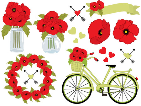 A vector floral set includes poppies, wreath, mason jar, a bicycle with basket, ribbon, arrows, and hearts,  illustration.のイラスト素材