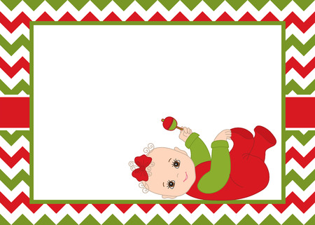 Vector Christmas and New Year card template with cute baby girl on chevron background. Christmas and New Year card template for baby shower, birthday and parties with space for your text.のイラスト素材