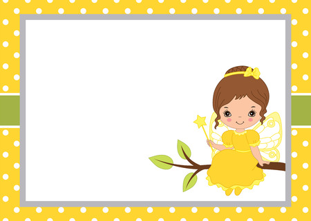 Vector card template with cute fairy on polka dot background. Card template for baby shower, parties and birthdays with space for your text. Vector cartoon fairy. Vector illustration.のイラスト素材