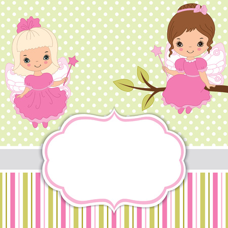 Vector card template with cute fairies on polka dot and stripes background. Card template for baby shower, party and birthday with space for your text. Vector cartoon fairy. Vector illustration.のイラスト素材