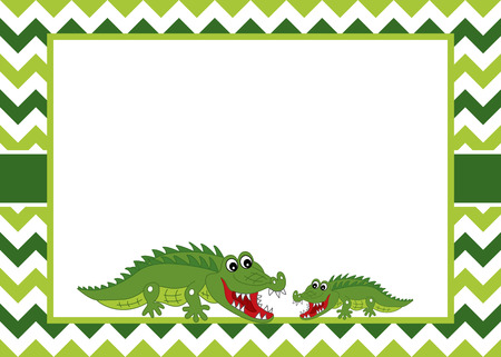 Vector card template with cute crocodiles on chevron background. Card template for baby shower, parties and birthdays with space for your text. Vector cartoon crocodile. Vector illustration.のイラスト素材