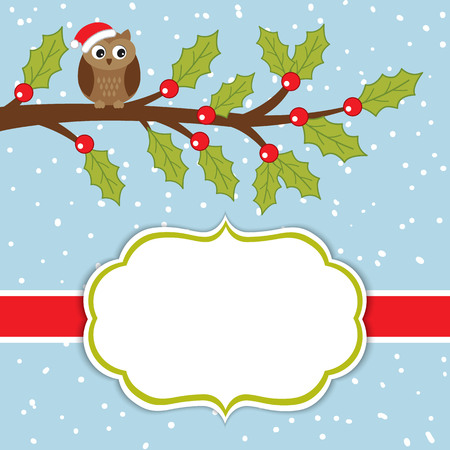 Vector Christmas and New Year card template with cute owl on the branch and holly on snow background. Christmas and New Year card template with space for your text. Vector illustration.のイラスト素材