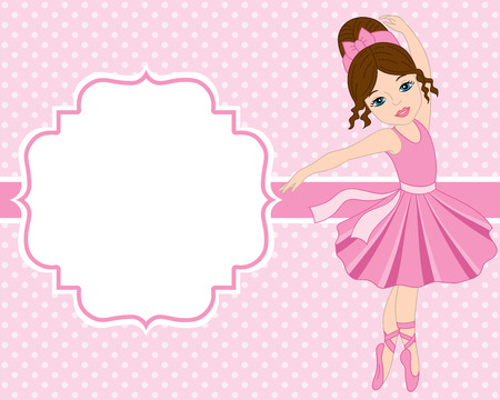 Vector card template with ballerina on polka dot background. Card template for birthdays and parties with space for your text. Vector ballerina . Vector illustration.のイラスト素材