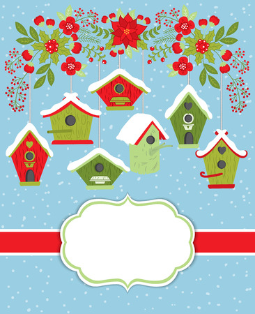 Vector Christmas and New Year card template with birdhouses and floral branch on snow background. Card template for Christmas and New Year with space for your text. Vector illustration.のイラスト素材