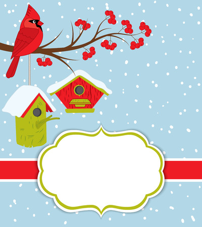 Vector Christmas and New Year card template with cardinal on the branch, red berries and birdhouses on snow background. Christmas and New Year card template with space for your text.のイラスト素材