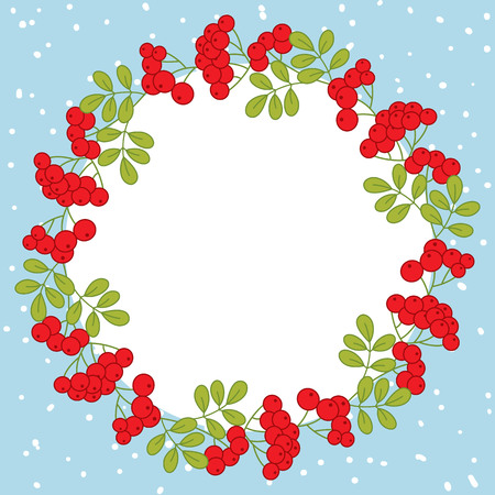 Vector Christmas and New Year card template with wreath on snow background. Vector wreath with red berries. Card template for Christmas and New Year with space for your text. vector illustration.のイラスト素材