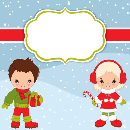 Vector Christmas and New Year card template with cute little kids on snow background. Christmas and New Year card template with space for your text.  Vector illustration.のイラスト素材