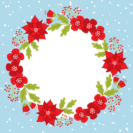Vector Christmas and New Year card template with wreath on snow background. Vector floral wreath with  poinsettia and red berries. Card template for Christmas and New Year with space for your text.のイラスト素材