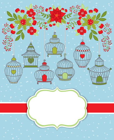 Vector Christmas and New Year card template with bird cages and floral branch on snow background. Card template for Christmas and New Year with space for your text. Vector illustration.のイラスト素材