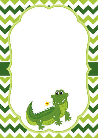 Vector card template with cute crocodile on chevron background. Card template for baby shower, parties and birthdays with space for your text. Vector cartoon crocodile. Vector illustration.のイラスト素材