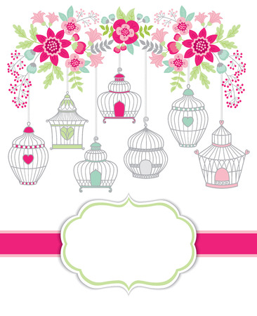 Vector card template with bird cages and floral branch on white background. Card template for Mother's Day, bridal showers, birthday and parties with space for your text. Vector illustration.のイラスト素材