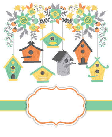 Vector card template with birdhouses and floral branch on white background. Card template for bridal showers, birthdays and parties with space for your text. Vector illustration.のイラスト素材