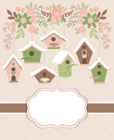 Vector Christmas and New Year card template with birdhouses and floral branch on pastel background. Card template for Christmas and New Year with space for your text. Vector illustration.のイラスト素材